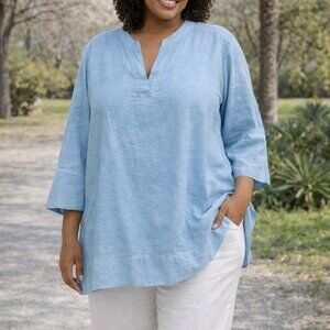 Land’s End Linen Viscose Tunic Top Blue 3/4 Sleeve Pockets